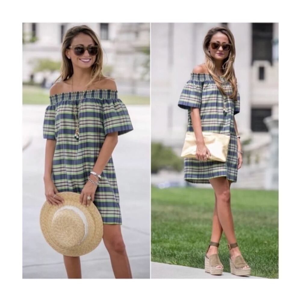 J. Crew Collection Off Shoulder Silk Plaid Dress
